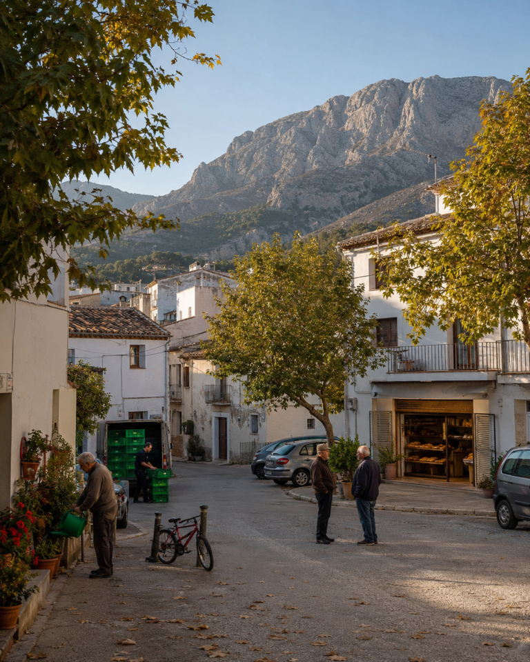 Altea la Vella village homes with Sierra de Bernia mountain backdrop