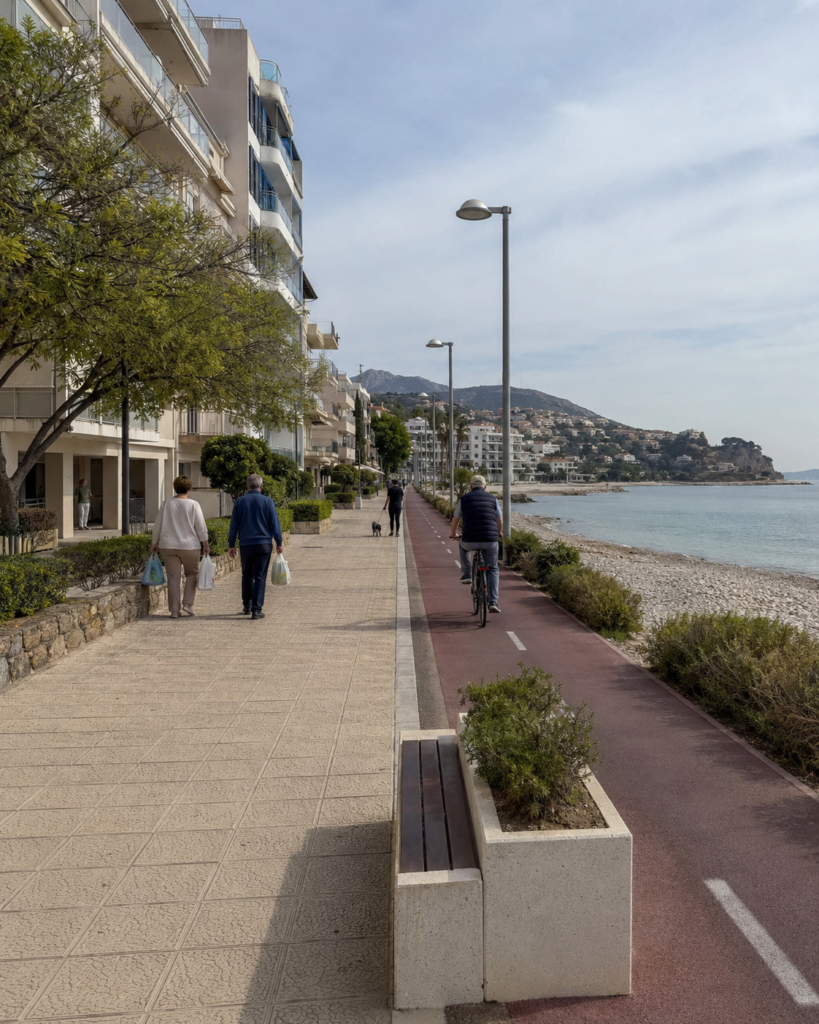 Altea seafront promenade with apartments, cycle lane and pebble beach