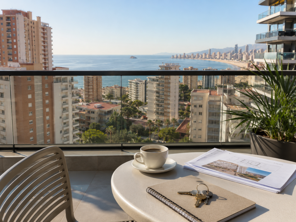 Benidorm apartment balcony with sea view and property documents