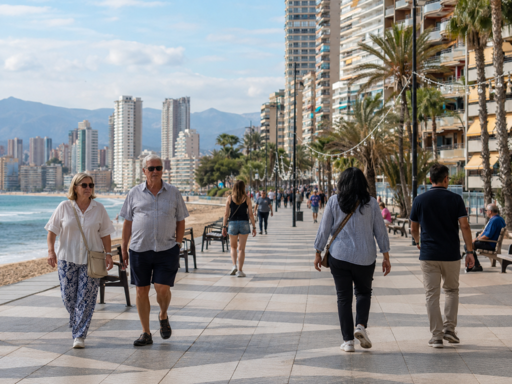 International residents walking on Benidorm promenade near Poniente Beach