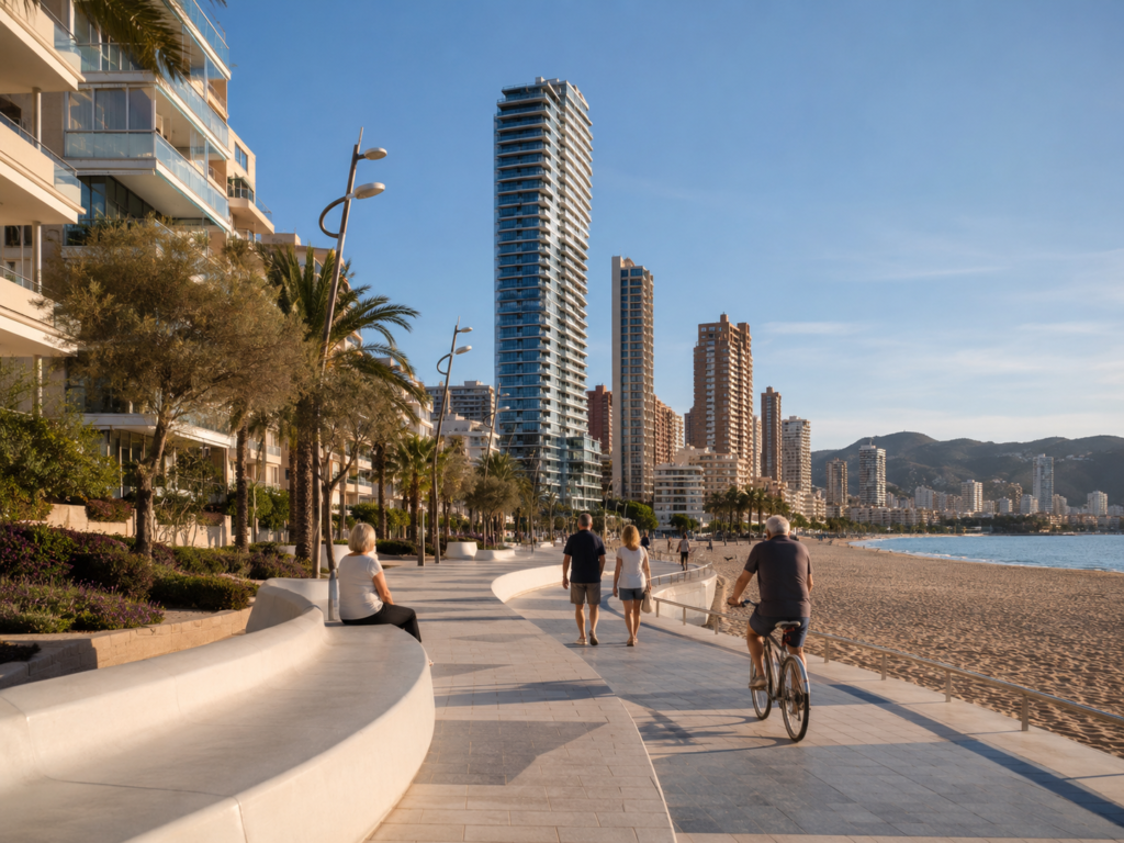 Benidorm Poniente promenade with apartments and sandy beach