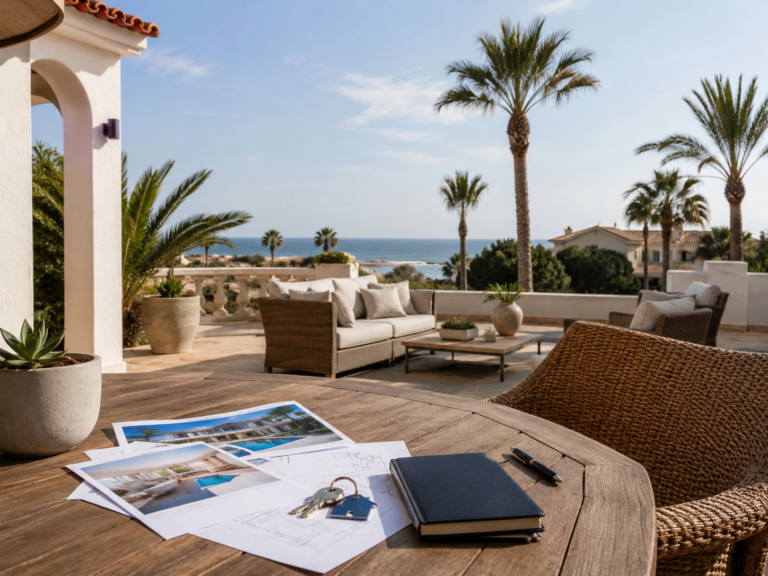 Cabo Roig villa terrace with sea views and property documents