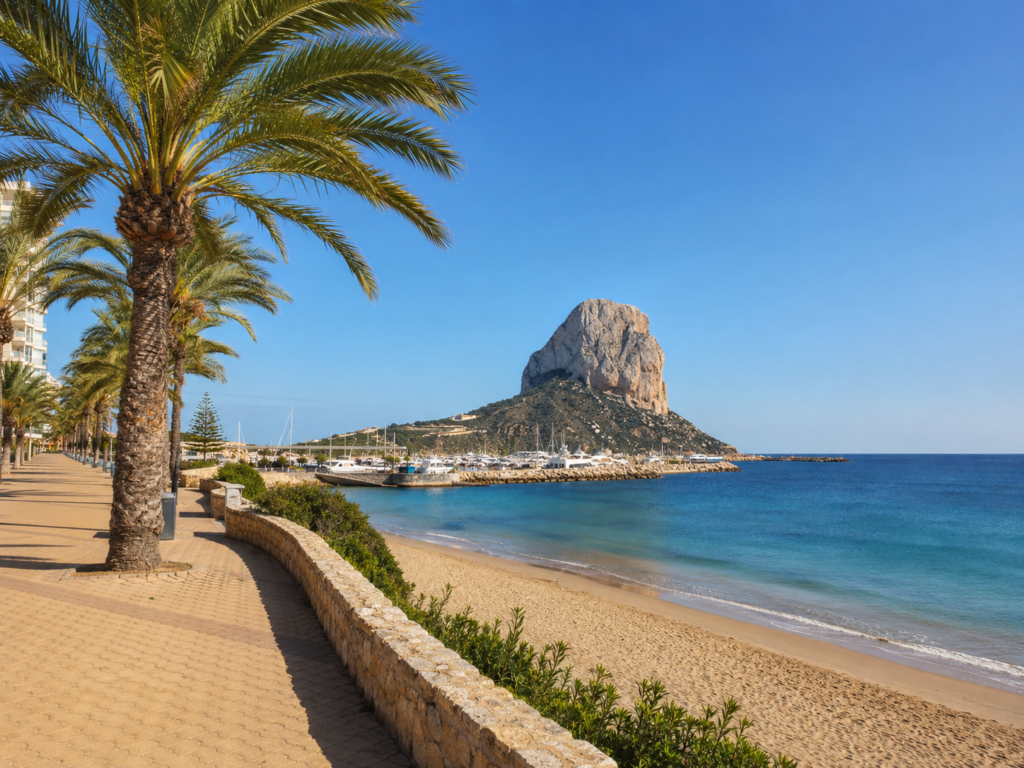 Calpe coastal lifestyle with beach and Peñón de Ifach in Costa Blanca