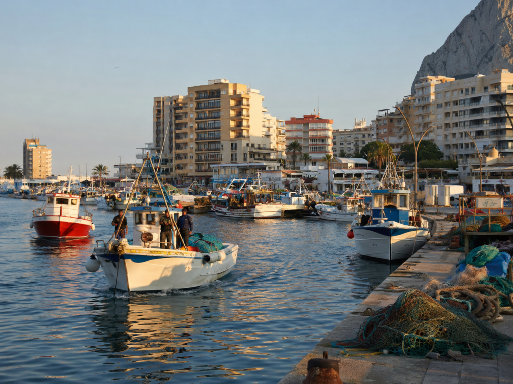 Calpe fishing port with boats, waterfront and local lifestyle