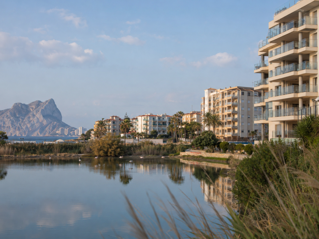 Calpe Las Salinas with apartments and Peñón de Ifach in Costa Blanca