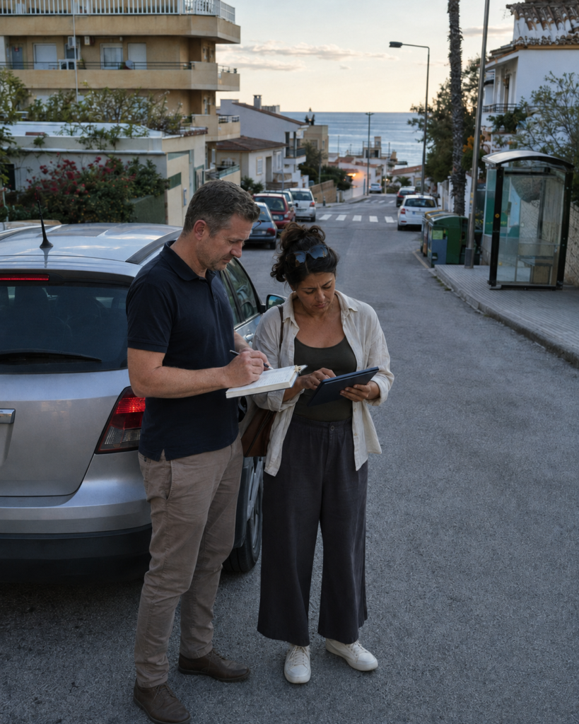 Buyers recording practical observations during a Costa Blanca property research trip