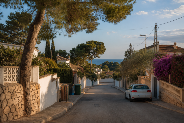 Realistic hillside villa street with Mediterranean vegetation in Costa Blanca