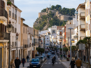 Denia town centre with apartments and castle hill