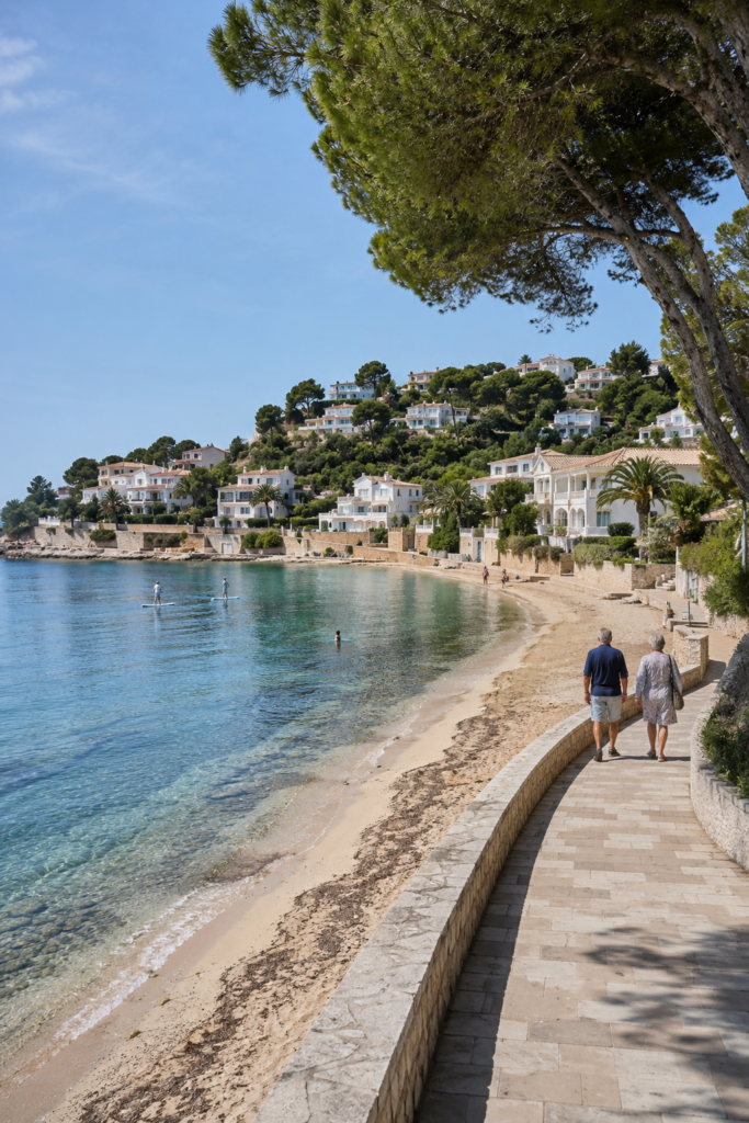 El Portet beach in Moraira with hillside villas and Mediterranean water