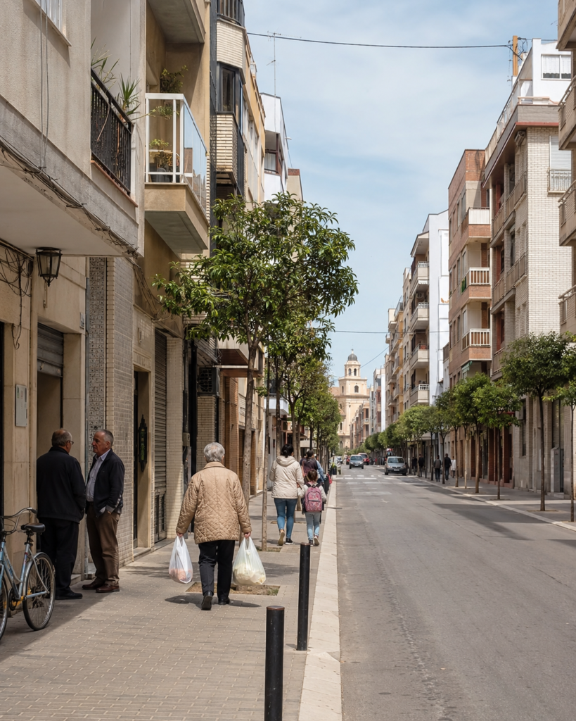 Everyday life in Guardamar town centre with apartments, shops and local residents