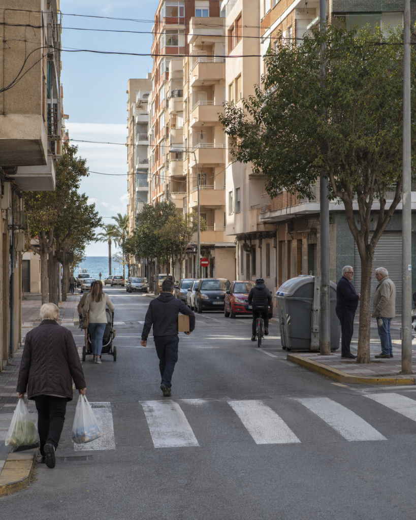 Everyday life in Torrevieja city centre with apartments, shops and residents
