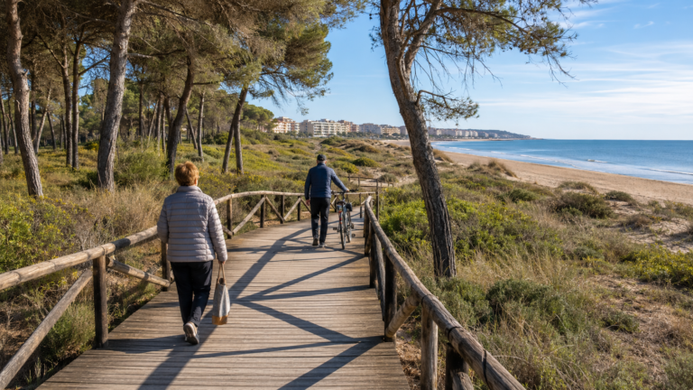 Residents walking through coastal dunes and pinewoods near a Costa Blanca town