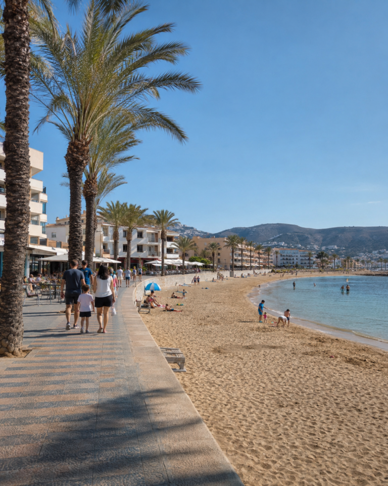 Arenal Beach in Javea with promenade and nearby apartments