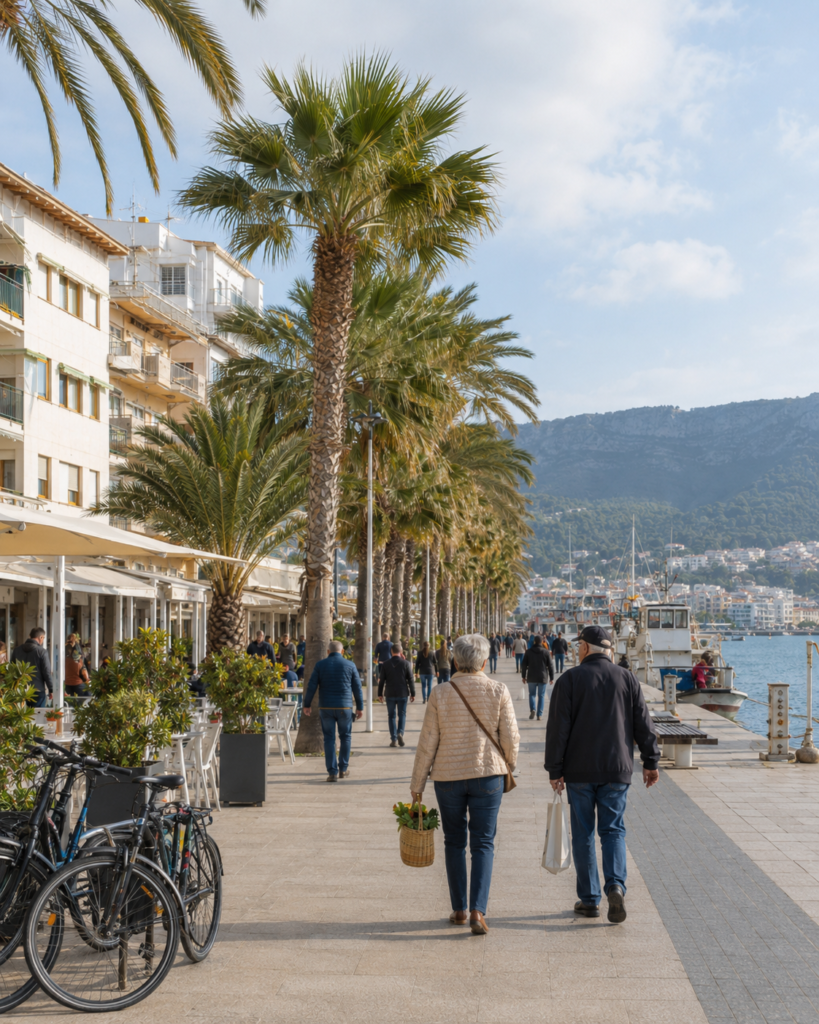 Walkable Javea Port promenade with apartments and everyday services