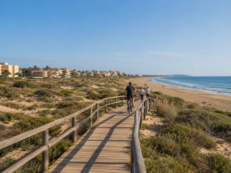 La Mata beach with dunes, boardwalk and nearby homes