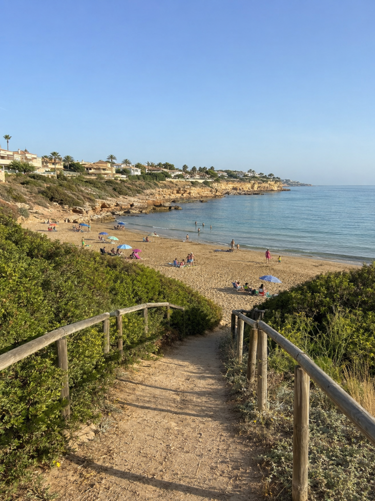 La Zenia Beach Cala Bosque with sandy coast and residential surroundings