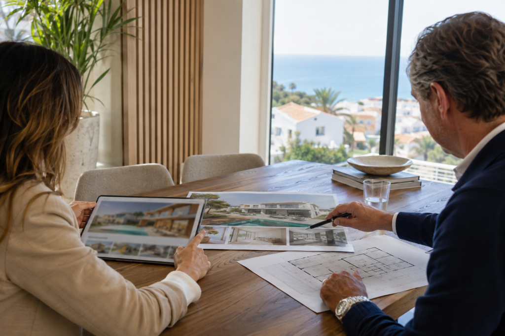 Estate agent and property owner reviewing a Costa Blanca property listing