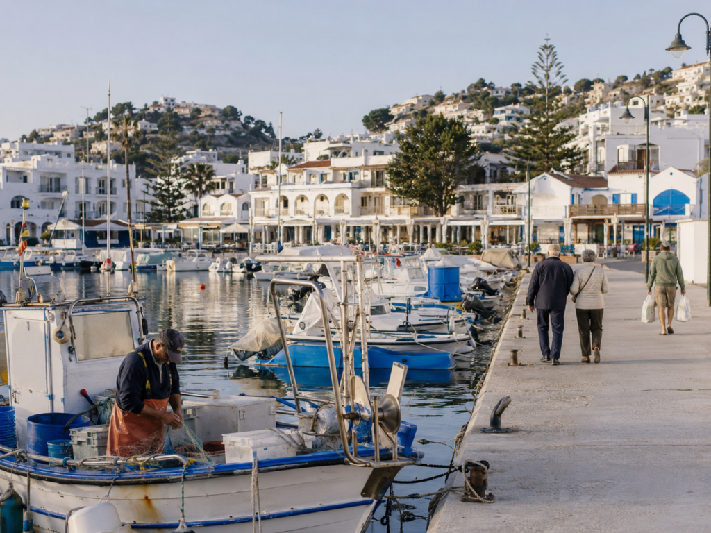 Moraira port with fishing boats, marina and waterfront apartments