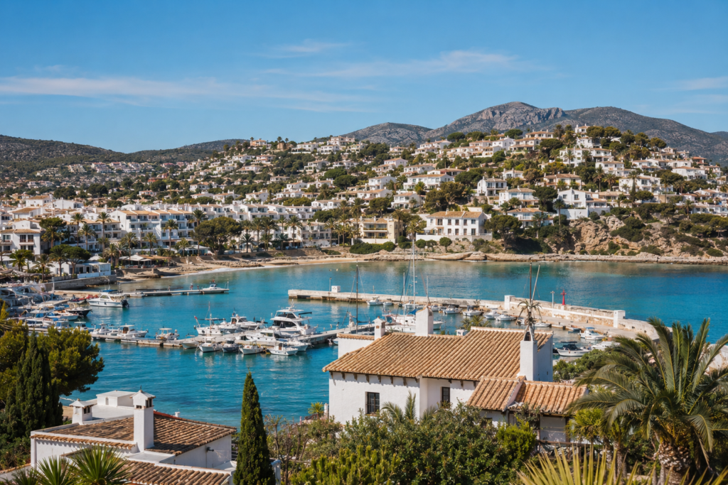 Moraira coastal property area with marina and Mediterranean homes in Costa Blanca