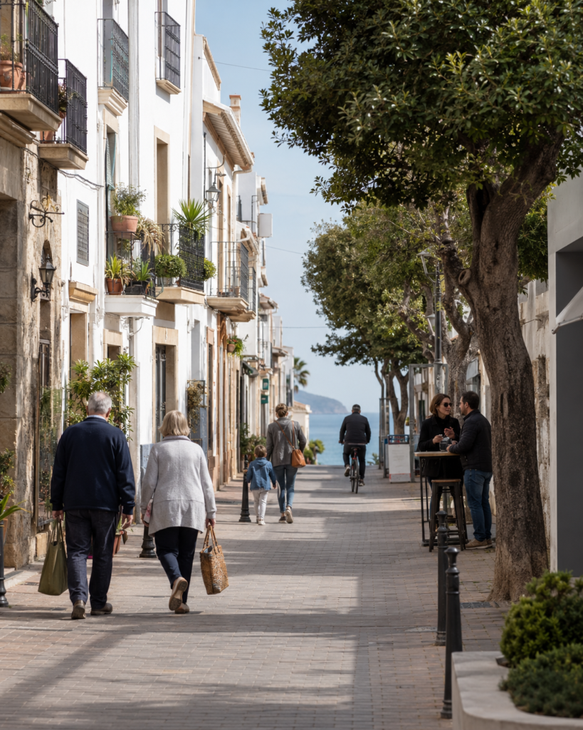 Everyday life in Moraira with shops, cafés and low-rise Mediterranean homes