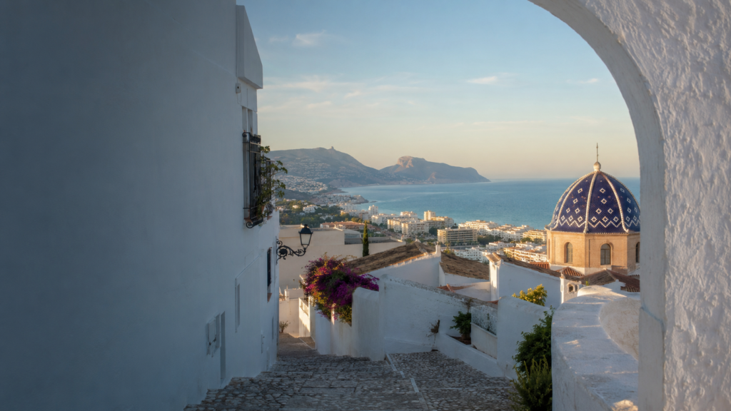 Property for sale in Altea with whitewashed old town, blue dome and Mediterranean bay