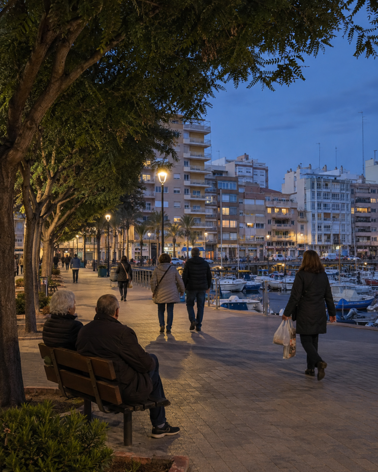 Torrevieja centre and port with apartments and waterfront pedestrian area